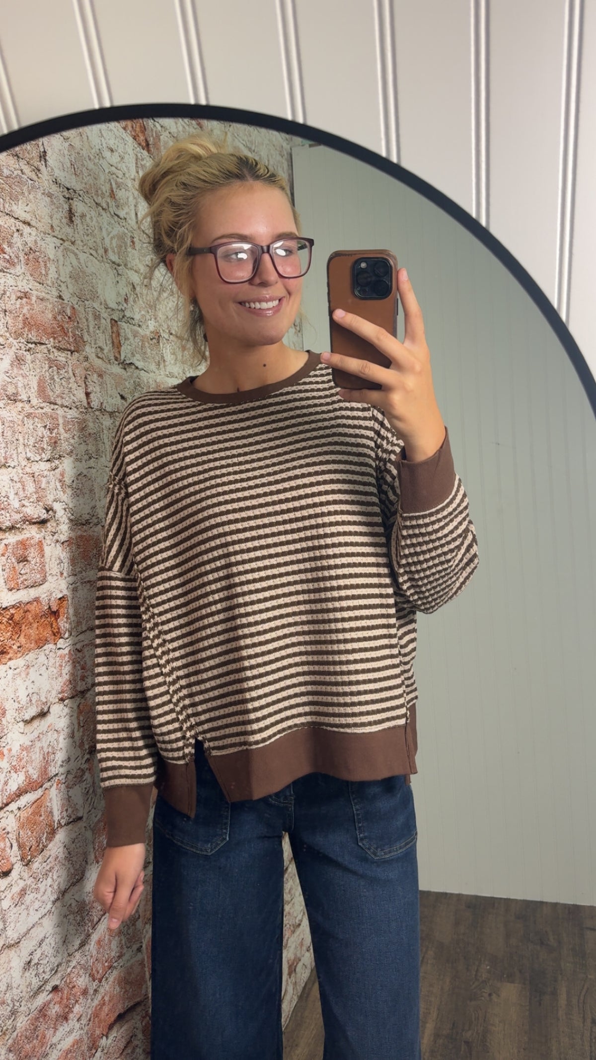Striped Exposed Seam Split Hem Knit Top