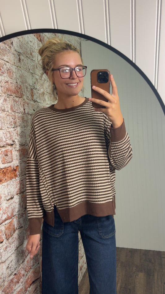 Striped Exposed Seam Split Hem Knit Top