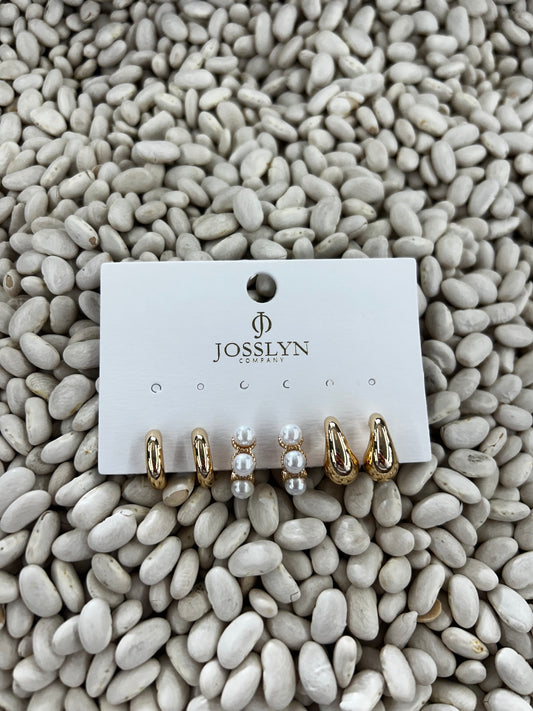 Trio Huggie Pearl Gold Hoop Earrings