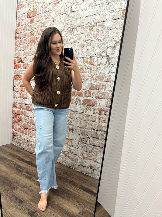 Knit Sweater Vest Gold Button Down Sweater