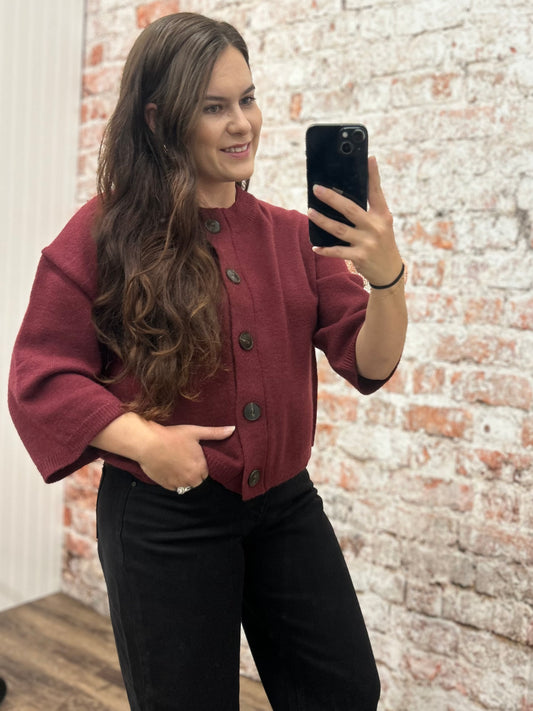 Half Sleeve Button Down Cardigan - Burgundy