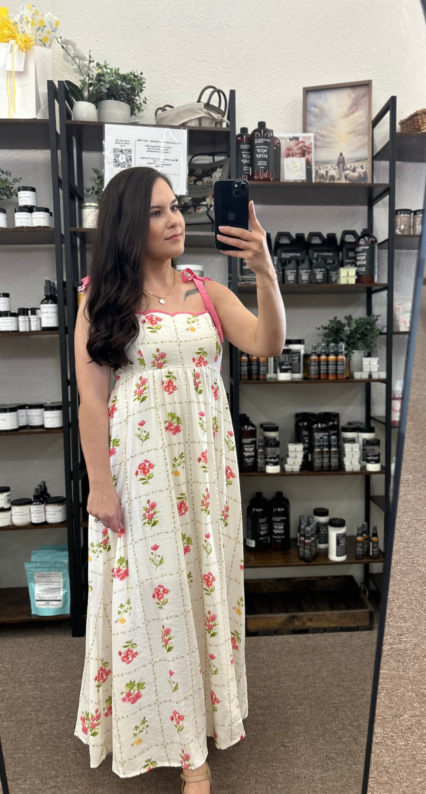 Floral Tile Pattern Tie Strap Midi Dress