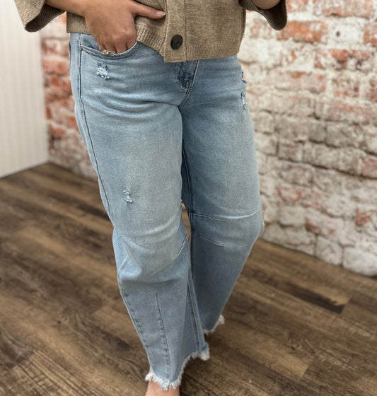 Risen - Mid Rise Cropped Barrel Jeans (Light Wash)