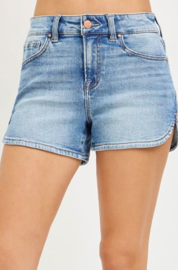 Risen High Rise Round Hem Shorts- Medium Wash