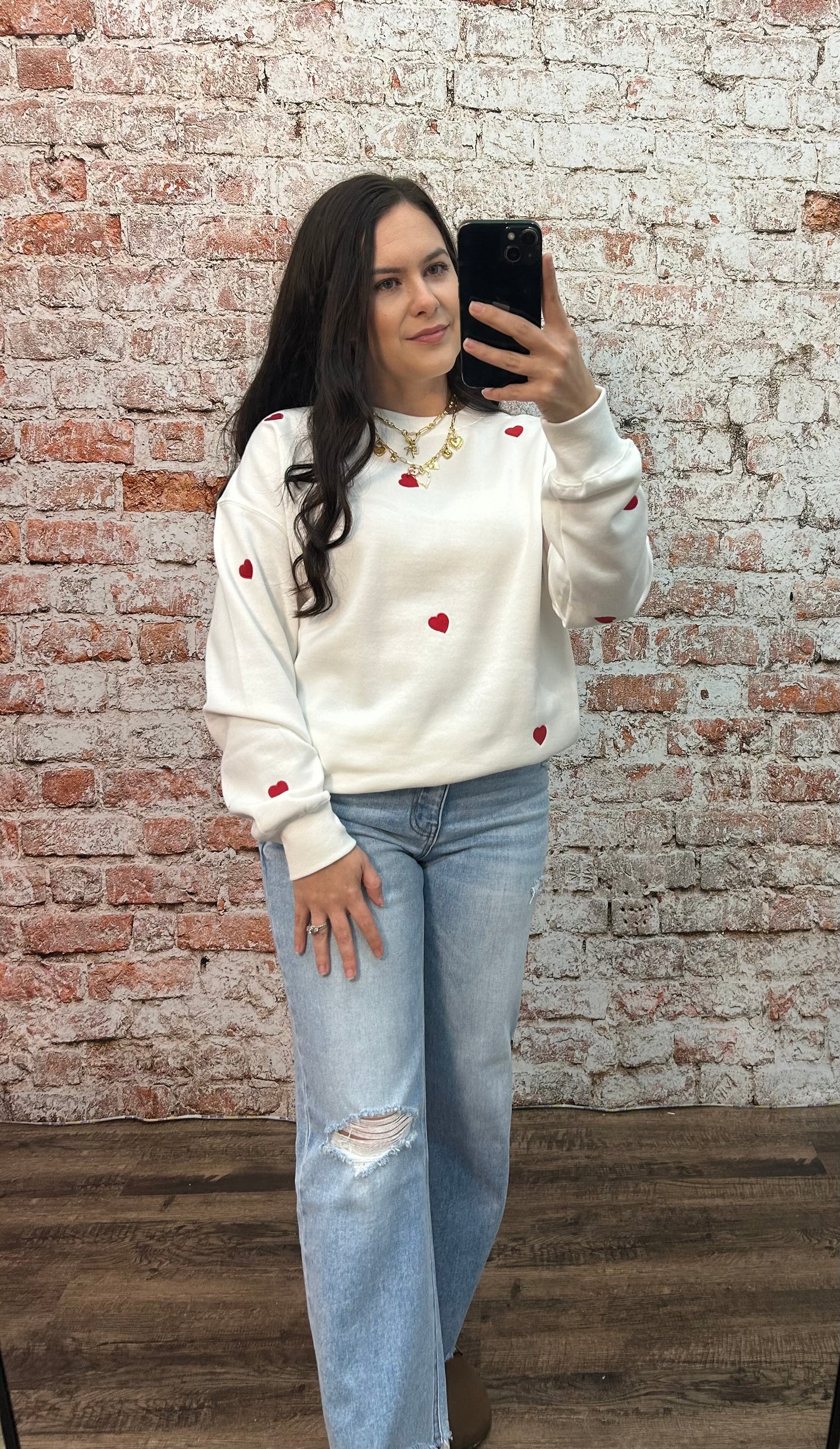 Fleece Crewneck Sweatshirt with Heart Embroidery