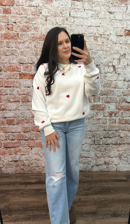 Fleece Crewneck Sweatshirt with Heart Embroidery