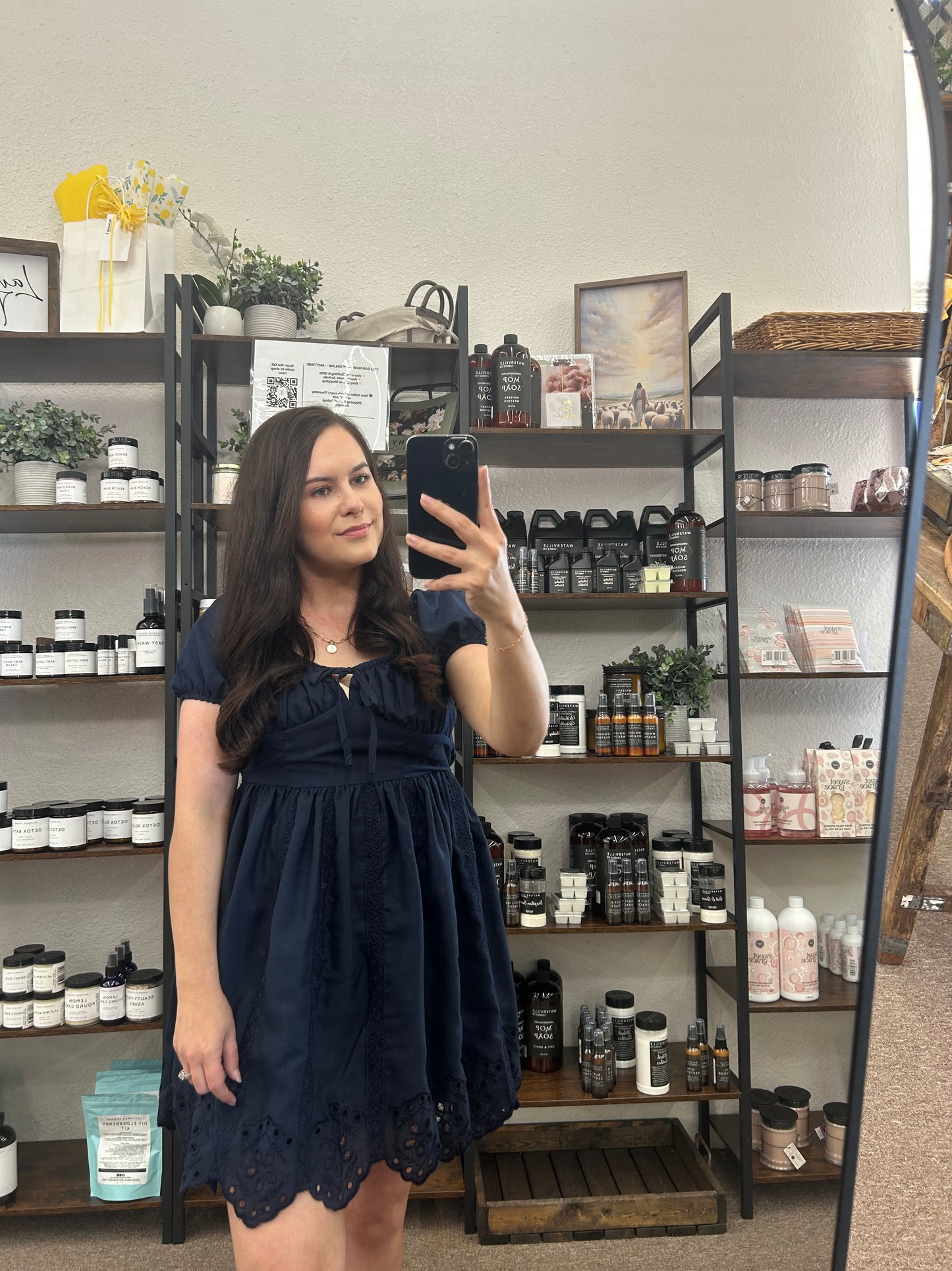 Embroidered Puff Sleeve Scallop Hem Mini Dress