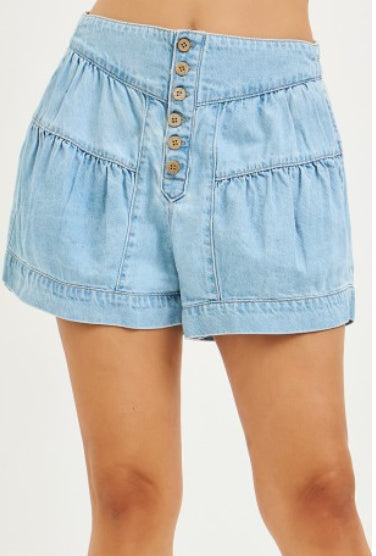 Risen Elastic Band Slouchy Shorts with Shirred Detail- Light Wash
