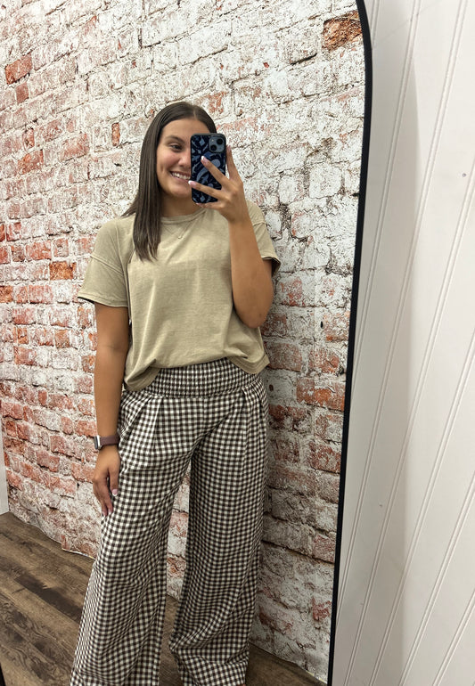 Gingham Smocked Waist Wide Long Pants