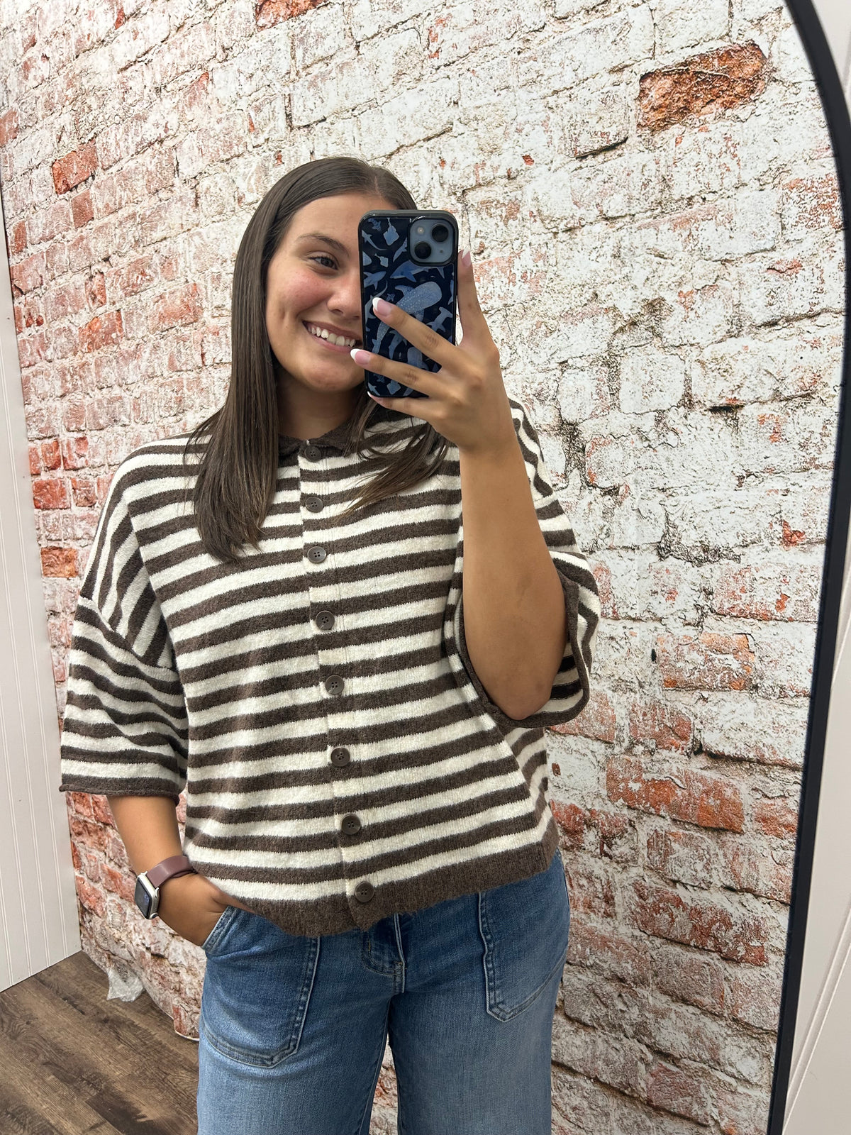 Striped Raw Edge Short Sleeve Cardigan