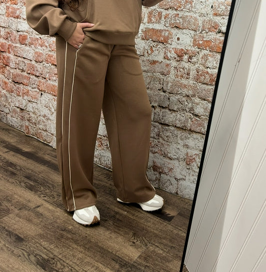 Piping Detail Wide Leg Pants - Mocha