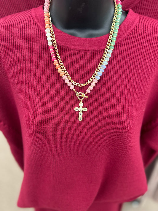 Layered Beaded Cross Necklace - Multicolor